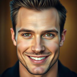A stunningly handsome male face with strong features, warm smile, and captivating eyes, captured in full HD resolution, showcasing clear skin and an elegant hairstyle