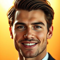 A stunningly handsome male face with strong features, warm smile, and captivating eyes, captured in full HD resolution, showcasing clear skin and an elegant hairstyle
