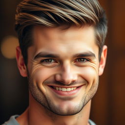 A stunningly handsome male face with strong features, warm smile, and captivating eyes, captured in full HD resolution, showcasing clear skin and an elegant hairstyle