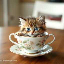 A raw photograph capturing a cute, fluffy kitten nestled comfortably inside a delicate teacup