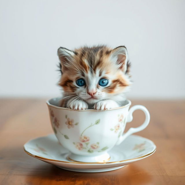 A raw photograph capturing a cute, fluffy kitten nestled comfortably inside a delicate teacup