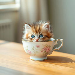 A raw photograph capturing a cute, fluffy kitten nestled comfortably inside a delicate teacup
