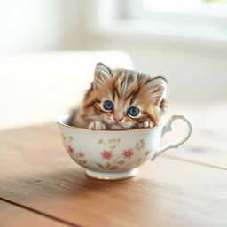 A raw photograph capturing a cute, fluffy kitten nestled comfortably inside a delicate teacup