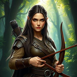 A high elf female ranger from Dungeons and Dragons, showcasing her striking features