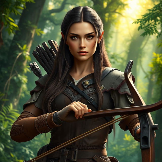 A high elf female ranger from Dungeons and Dragons, showcasing her striking features