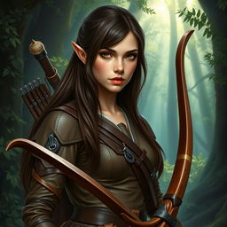 A high elf female ranger from Dungeons and Dragons, showcasing her striking features