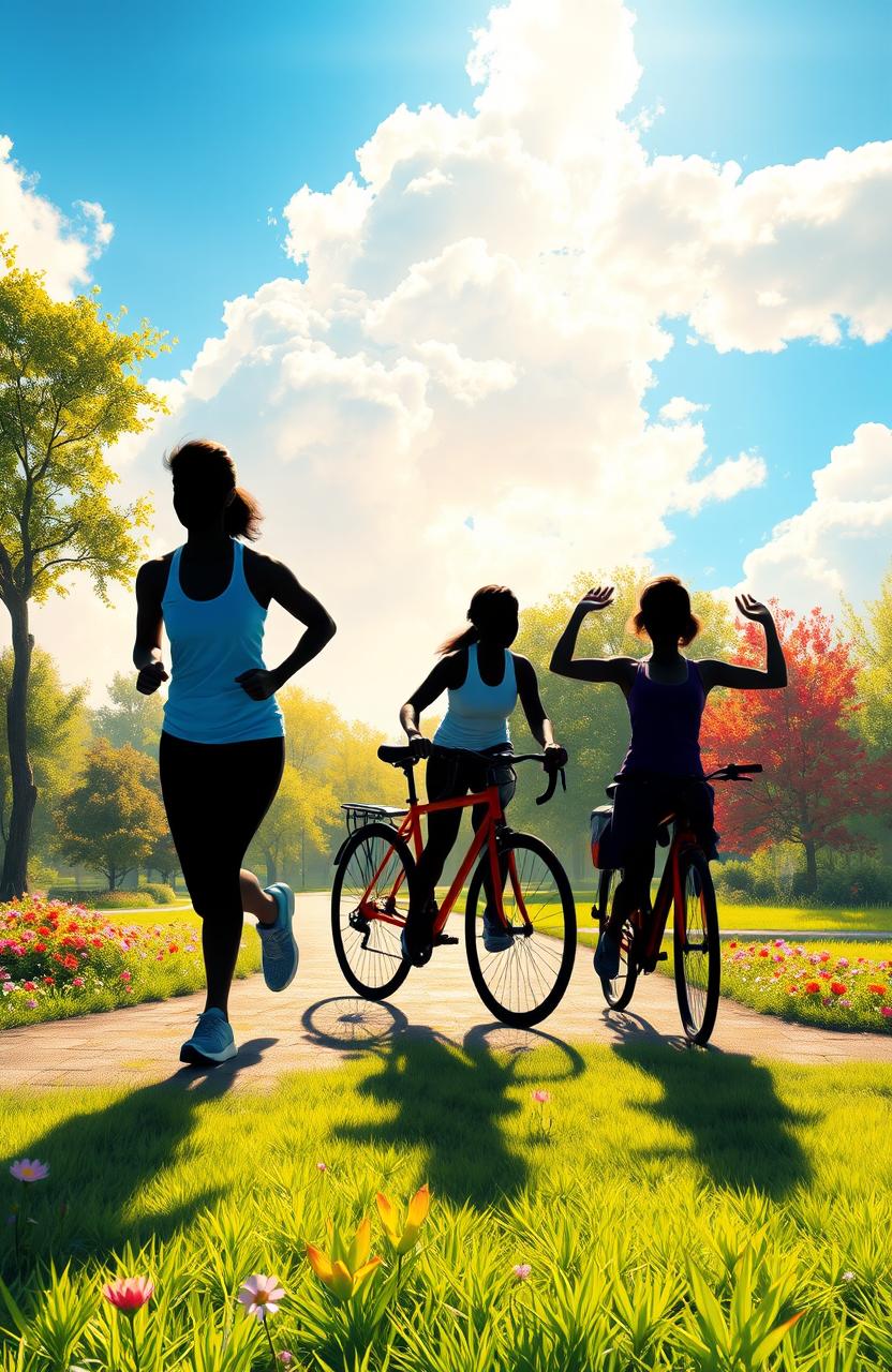 A vibrant digital painting featuring the shadows of various health-conscious characters engaged in outdoor activities