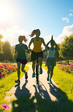 A vibrant digital painting featuring the shadows of various health-conscious characters engaged in outdoor activities