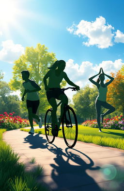 A vibrant digital painting featuring the shadows of various health-conscious characters engaged in outdoor activities