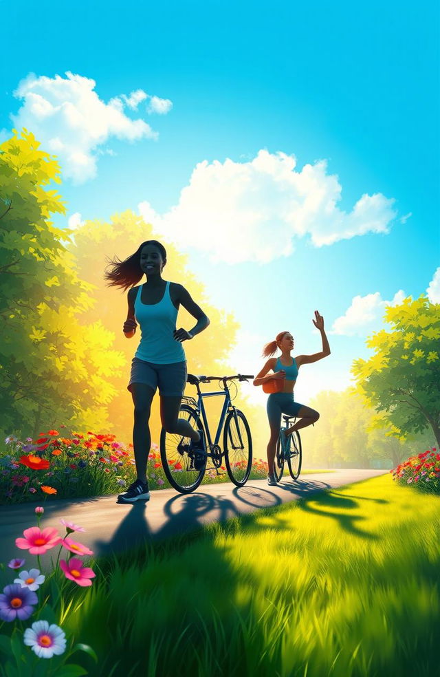 A vibrant digital painting featuring the shadows of various health-conscious characters engaged in outdoor activities