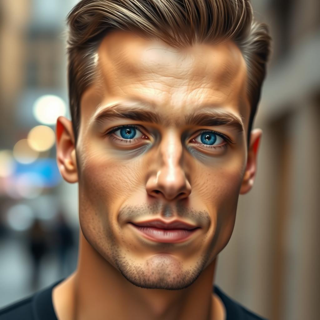 A handsome man with striking features, showcasing a strong jawline and captivating blue eyes