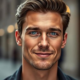 A handsome man with striking features, showcasing a strong jawline and captivating blue eyes