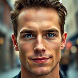 A handsome man with striking features, showcasing a strong jawline and captivating blue eyes
