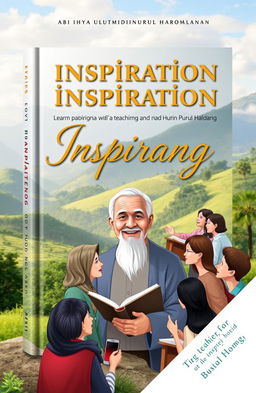 A captivating book cover design for an inspirational story about experiences with the teacher Abi Ihya Ulumiddin Nurul Haromain, set in Pujon Malang