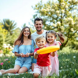 A happy family scene in a lush green park during a sunny day