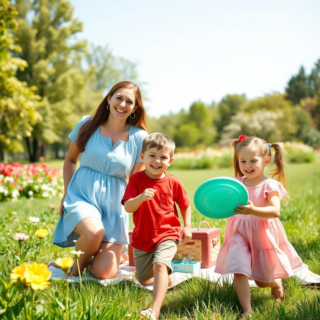 A happy family scene in a lush green park during a sunny day