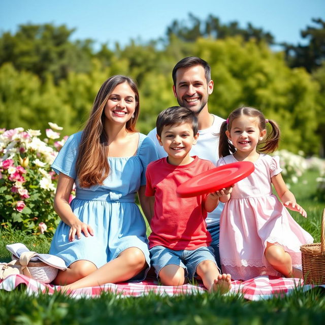 A happy family scene in a lush green park during a sunny day