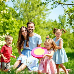 A happy family scene in a lush green park during a sunny day
