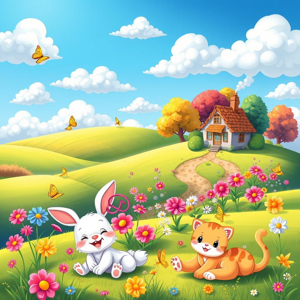 A vibrant and whimsical cartoon-style wallpaper featuring a fantasy landscape with rolling hills, bright blue skies, fluffy white clouds, and colorful flowers in full bloom