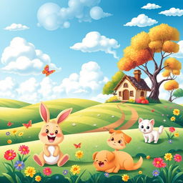 A vibrant and whimsical cartoon-style wallpaper featuring a fantasy landscape with rolling hills, bright blue skies, fluffy white clouds, and colorful flowers in full bloom