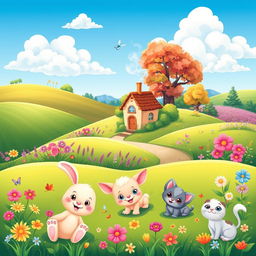 A vibrant and whimsical cartoon-style wallpaper featuring a fantasy landscape with rolling hills, bright blue skies, fluffy white clouds, and colorful flowers in full bloom