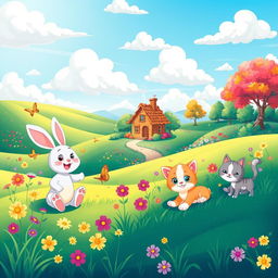 A vibrant and whimsical cartoon-style wallpaper featuring a fantasy landscape with rolling hills, bright blue skies, fluffy white clouds, and colorful flowers in full bloom