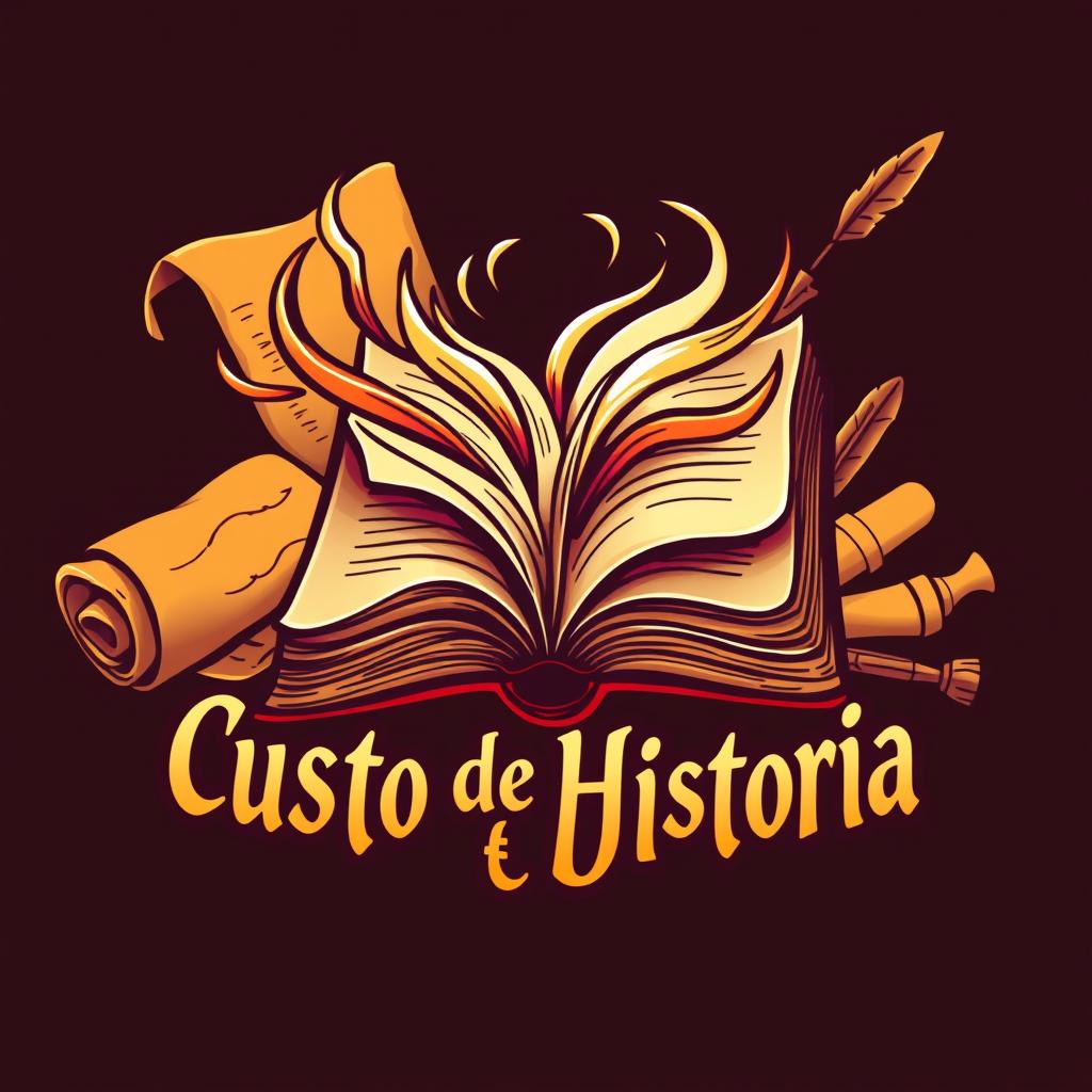 A vibrant and eye-catching t-shirt logo design featuring elements of storytelling and history, incorporating a stylized open book with animated pages that seem to flutter in the wind