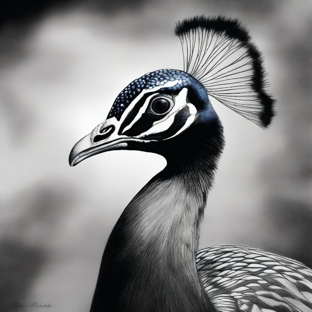 A different image showcasing a peacock, masterfully rendered in black and white using charcoal