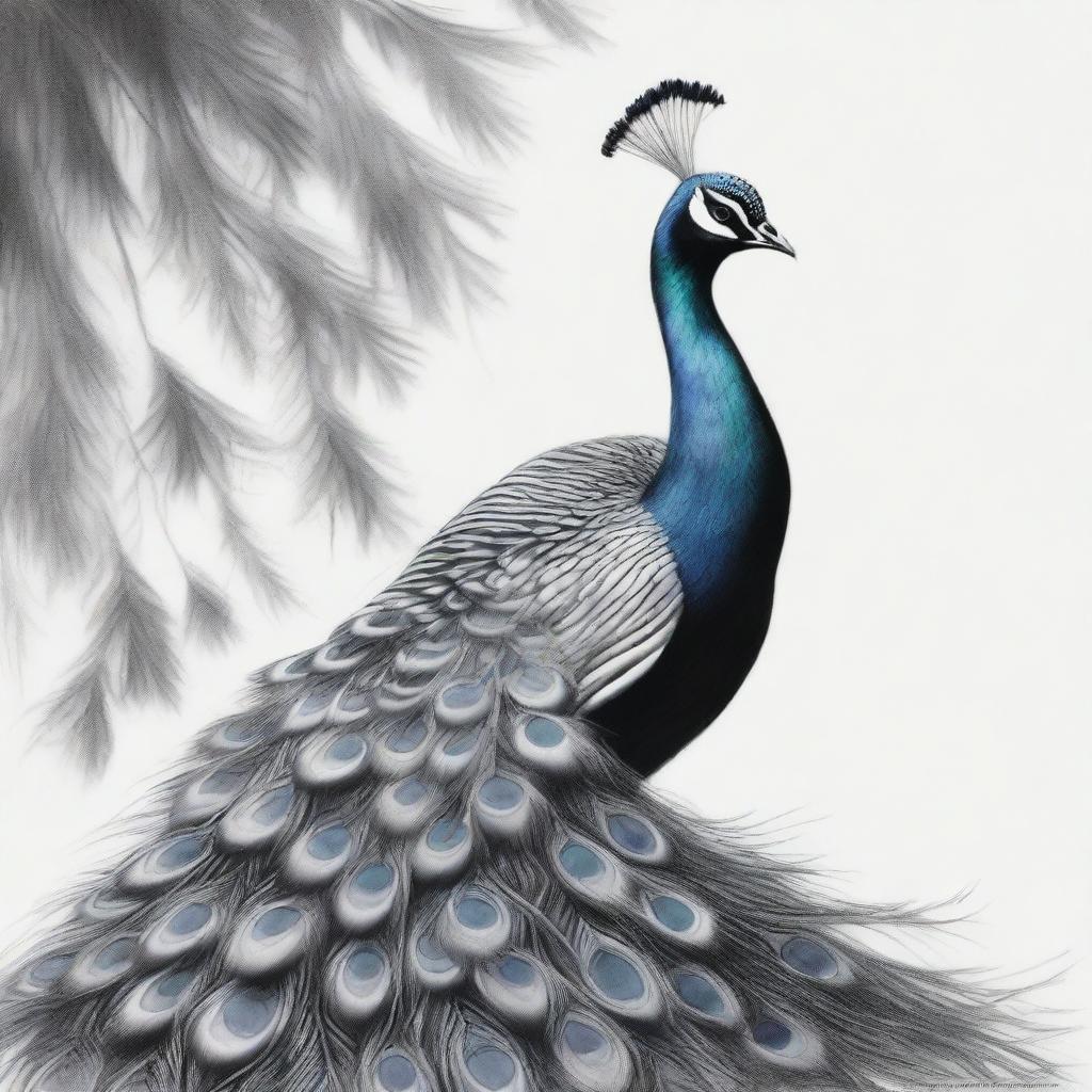 A different image showcasing a peacock, masterfully rendered in black and white using charcoal