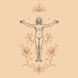 Minimalist Renaissance-style print suitable for a history course shirt, featuring iconic elements like a stylized depiction of the Vitruvian Man by Leonardo da Vinci, balanced and harmonious lines, soft earth tones, and intricate floral patterns integrated into the design