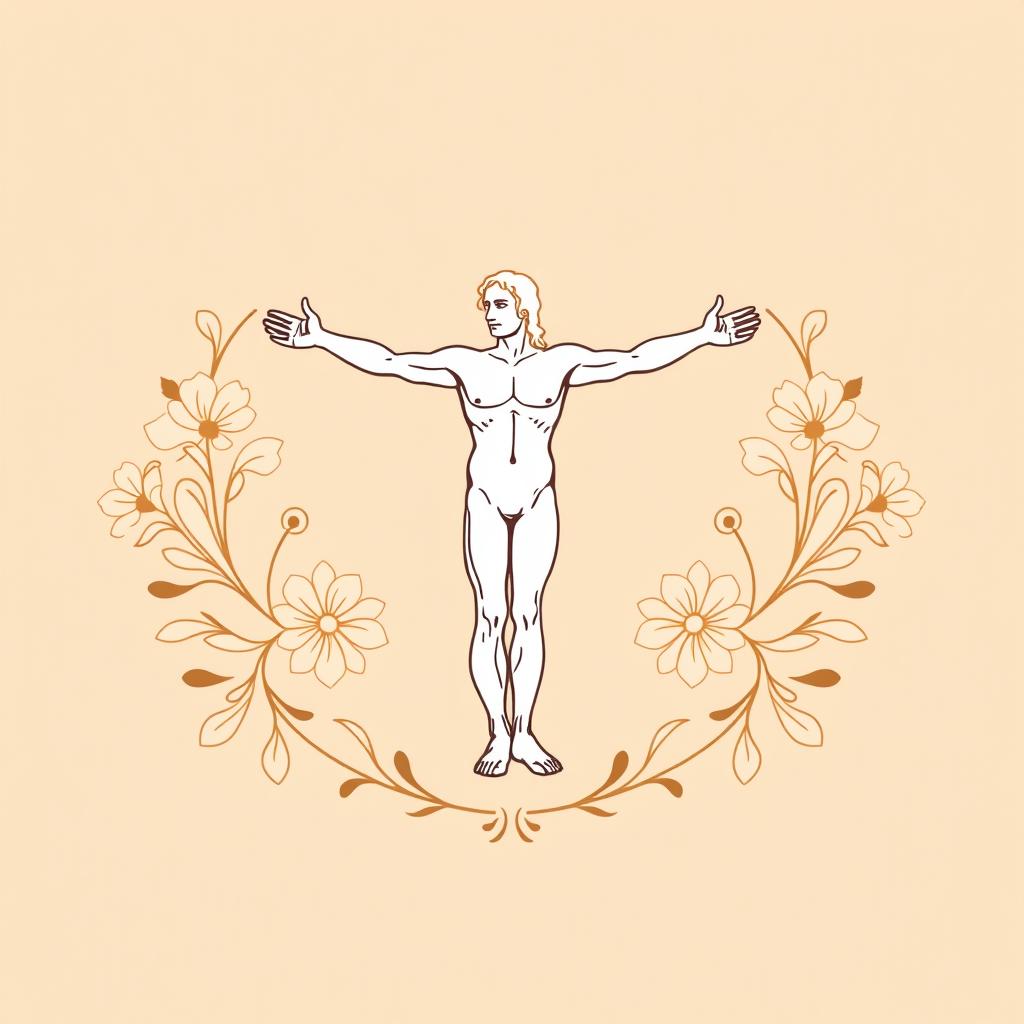 Minimalist Renaissance-style print suitable for a history course shirt, featuring iconic elements like a stylized depiction of the Vitruvian Man by Leonardo da Vinci, balanced and harmonious lines, soft earth tones, and intricate floral patterns integrated into the design