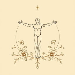 Minimalist Renaissance-style print suitable for a history course shirt, featuring iconic elements like a stylized depiction of the Vitruvian Man by Leonardo da Vinci, balanced and harmonious lines, soft earth tones, and intricate floral patterns integrated into the design