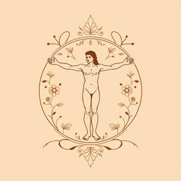 Minimalist Renaissance-style print suitable for a history course shirt, featuring iconic elements like a stylized depiction of the Vitruvian Man by Leonardo da Vinci, balanced and harmonious lines, soft earth tones, and intricate floral patterns integrated into the design
