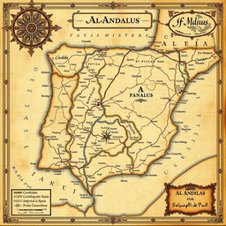 A detailed vintage map of Al-Andalus, showcasing the historical region of Muslim Spain during the medieval period
