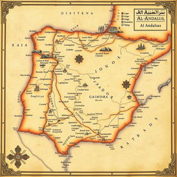 A detailed vintage map of Al-Andalus, showcasing the historical region of Muslim Spain during the medieval period