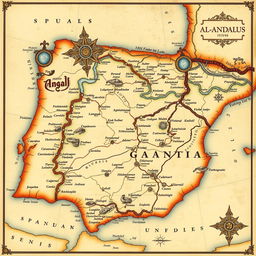 A detailed vintage map of Al-Andalus, showcasing the historical region of Muslim Spain during the medieval period