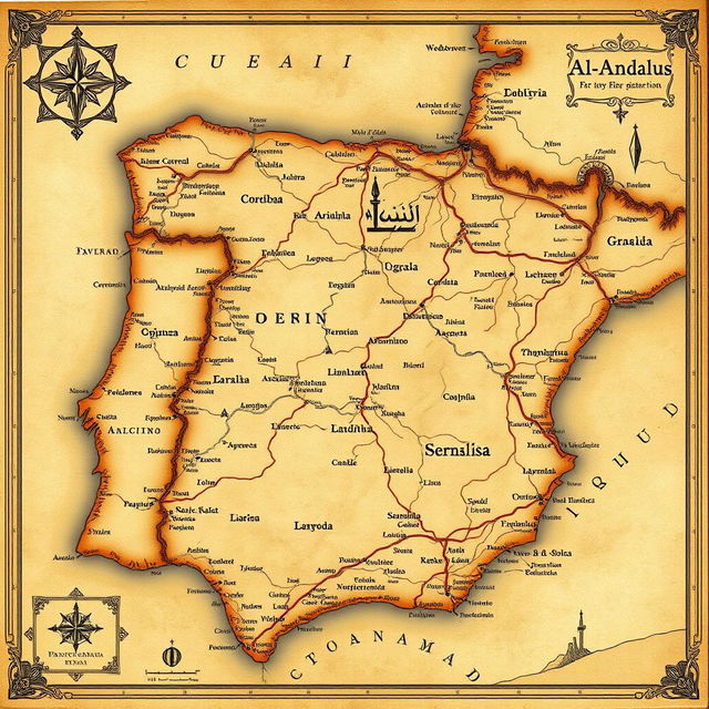 A detailed vintage map of Al-Andalus, showcasing the historical region of Muslim Spain during the medieval period