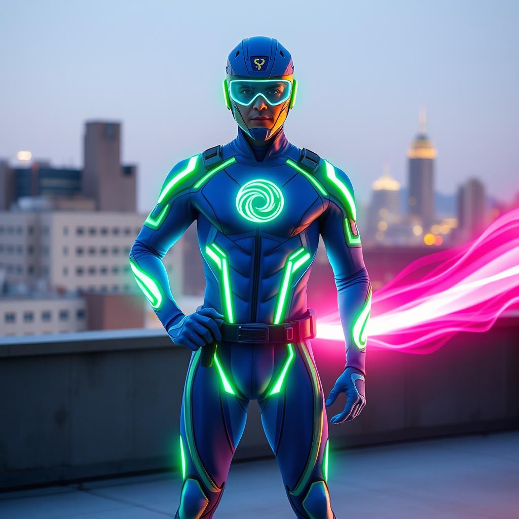 A sleek and futuristic superhero costume designed for a character with teleportation abilities