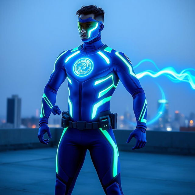 A sleek and futuristic superhero costume designed for a character with teleportation abilities