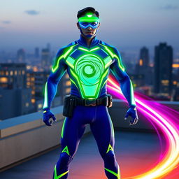 A sleek and futuristic superhero costume designed for a character with teleportation abilities