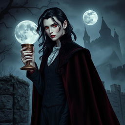 An elegant vampire character striking a dramatic pose for a gothic novel cover