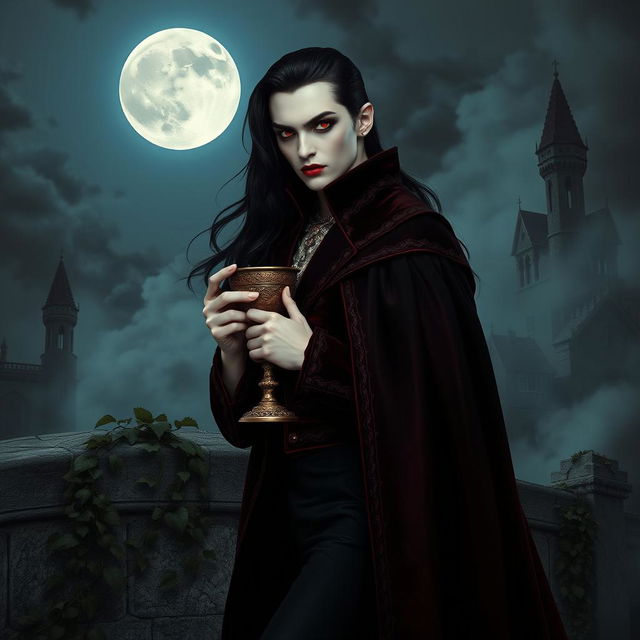 An elegant vampire character striking a dramatic pose for a gothic novel cover