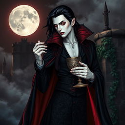 An elegant vampire character striking a dramatic pose for a gothic novel cover