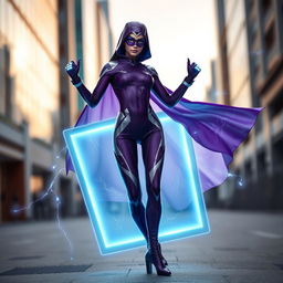 An imaginative teleportation costume featuring a modern design with sleek lines and vibrant colors