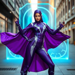 An imaginative teleportation costume featuring a modern design with sleek lines and vibrant colors