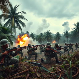 A dramatic battlefield scene depicting the Indonesian army during a fierce war against Japan in 1943