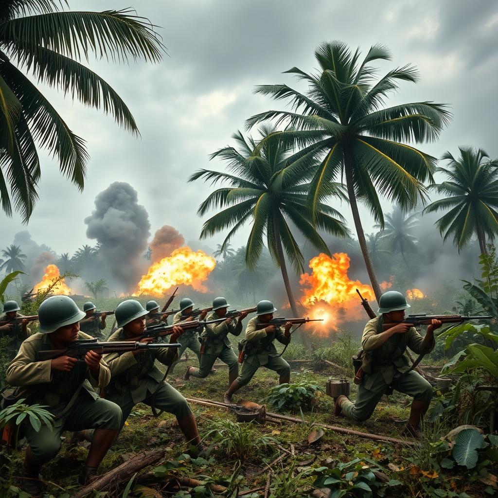 A dramatic battlefield scene depicting the Indonesian army during a fierce war against Japan in 1943