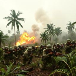 A dramatic battlefield scene depicting the Indonesian army during a fierce war against Japan in 1943