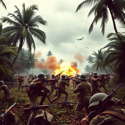 A dramatic battlefield scene depicting the Indonesian army during a fierce war against Japan in 1943
