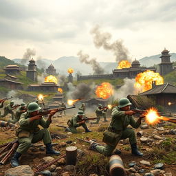 A vivid and dynamic battlefield scene set in the Chinese mainland during 1943, illustrating the Indonesian army fighting against Japanese forces